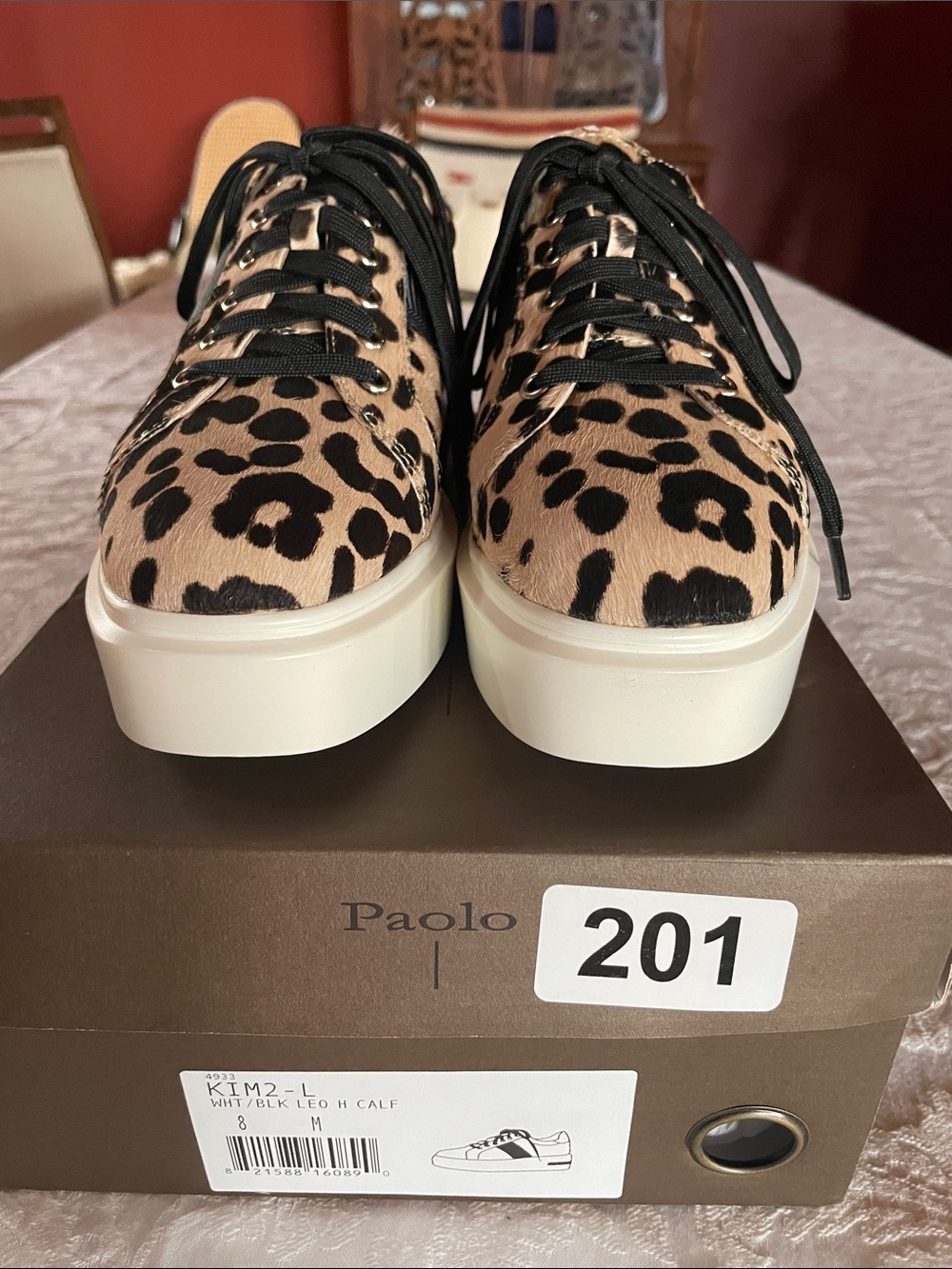 PAOLO Leopard-Print REAL LEATHER Platform Sneakers - Tan/Black Brand New Sz 8M
